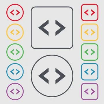 Code sign icon. Programmer symbol. Symbols on the Round and square buttons with 스톡 일러스트