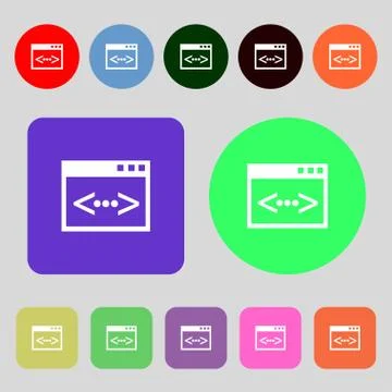 Code sign icon. Programmer symbol. 12 colored buttons. Flat design. Stock Illustration