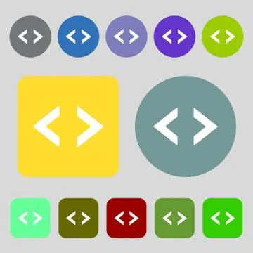 Code sign icon. Programmer symbol. 12 colored buttons. Flat design. 库存插图