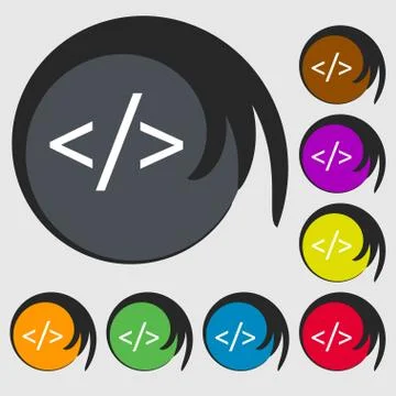 Code sign icon. Programming language symbol. Symbols on eight colored buttons Stock Illustration