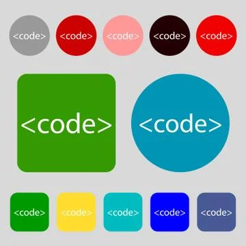 Code sign icon. Programming language symbol.12 colored buttons. Flat design.  스톡 일러스트