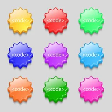 Code sign icon. Programming language symbol. Symbols on nine wavy colourful butt 스톡 일러스트
