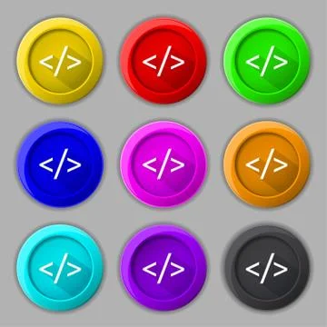 Code sign icon. Programming language symbol. Set of colored buttons. Stock Illustration