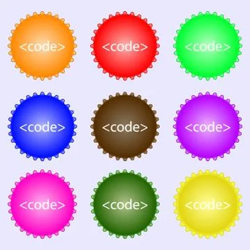 Code sign icon. Programming language symbol. A set of nine different colored lab Stock Illustration