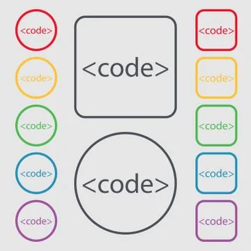 Code sign icon. Programming language symbol. Symbols on the Round and square but Illustrazione stock