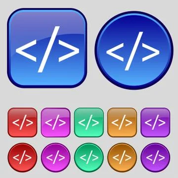Code sign icon. Programming language symbol. Set of colored buttons. 库存插图