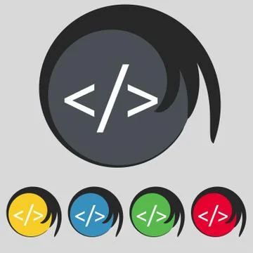 Code sign icon. Programming language symbol. Set of colored buttons. 库存插图