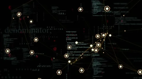 On code signal network clustering, sending hex nodes and data points along Stock Footage 331713606