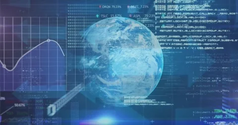 Code sliding in initiating pointer morphing into arrow over rotating 3D globe Stock Footage 317660031