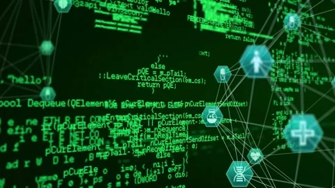 Code snippet appearing triggers scrolling code while 3D network animates Video stock 328823801