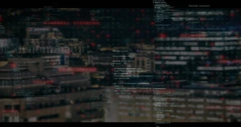 Code snippet array being animated over nighttime urban skyline, showing floating Stock Footage 309108379