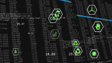 Code snippet expanding data updating and sweeping scanline across hexagon icons Stock Footage 312898306