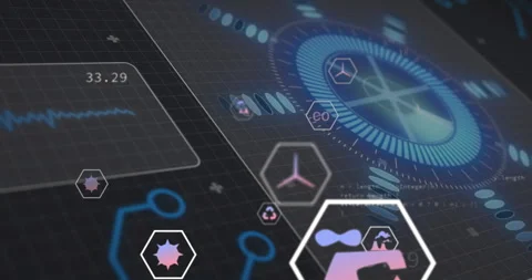 Code snippet scrolling initiating rotating dial spinning icons floating inward Stock-Footage 310971626