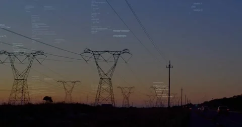 Code snippets fading around tower after highway view, representing data flow as 動画素材 317206929
