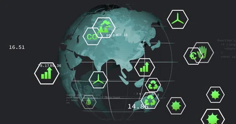 Code snippets fading, globe appearing, icons updating metrics, rotating to 库存影片 312712025