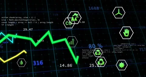 Code snippets initiating lines spiking and hex icons updating on dark grid for Stock Footage 317184875
