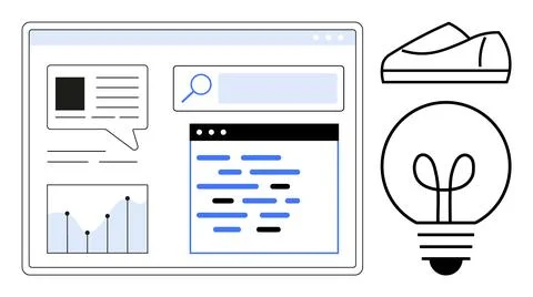 Code snippets, search bar, graph, cloud platform, sneaker, and lightbulb evok Stock Illustration