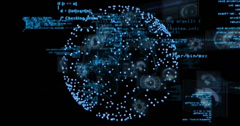 Code streaks starting, data globe rotating, nodes pulsing and UI panels Stock Footage 329505357