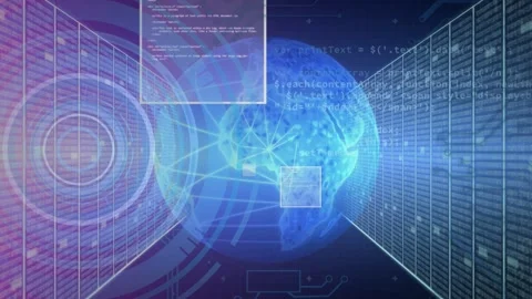 Code stream appearing, holo globe emerging, growing, linking nodes to panels, Stock Footage 334337848