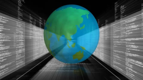 Code stream initiating 3D Earth spinning, panels scrolling while light beams Stock Footage 310140964
