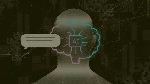 Code stream starting 3D head rotating right brain AI chip pulsing, icons Stock Footage 334351933