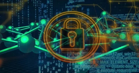 Code stream starting orange lock fading, scaling pulsing along teal lattice Vídeos de archivo 329471726