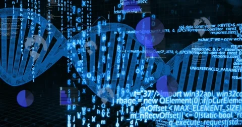 Code streaming behind DNA helix, spheres fading and charts rising, helix Stock Footage 327200909