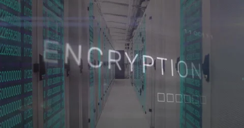 Code streaming through server racks starting encryption text fading glitching, Stock Footage 311085187
