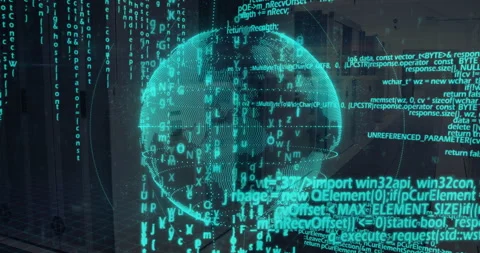 On code streaming wireframe globe rotating with orbital rings materializing Stock Footage 312467120