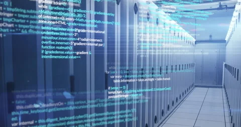 Code streams appearing triggers camera panning right, revealing server racks Stock Footage 309721978