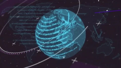 Code streams causing rotation and wrapping blue globe in glowing data bands to Stock Footage 312655845