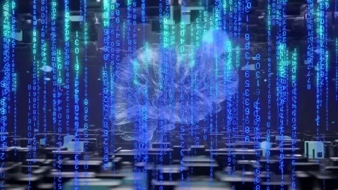 Code streams descending, holographic brain appearing, pulsing rotating and Stock Footage 334337815