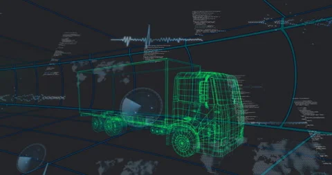 Code streams drifting behind neon wireframe truck spawning HUD waves, radar, map Stock Footage 312466992