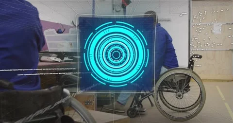 Code streams flooding tech lab hologram HUD guiding wheelchair user lifting Stock Footage 317260248