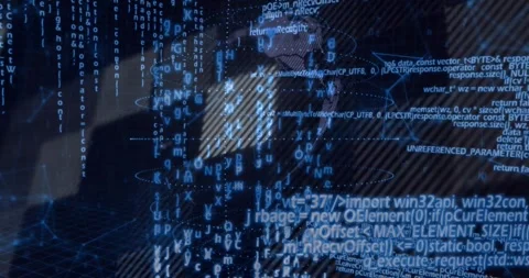 Code streams forming rings projecting holo globe while camera circles Stock Footage 318237144