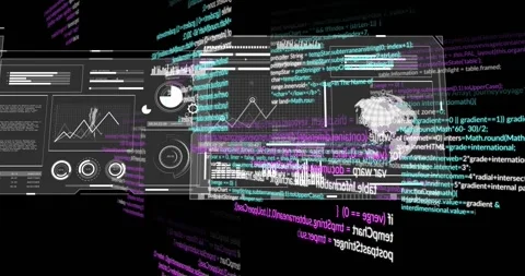 Code streams initiating fade, sliding panels orbiting, dissolving into text for Stock Footage 317465757