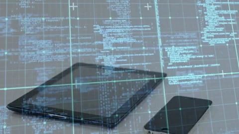 Code streams initiating grid and tablet and phone sliding in code flickering Stock Footage 313094194