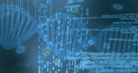 On code streams scrolling glowing blue DNA helix rotating pulsing data markers Stock Footage 328235545
