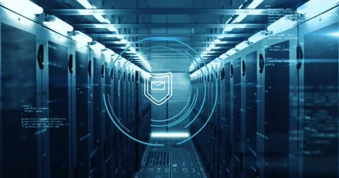 Code streams starting over racks, rotating rings orbiting shield icon, Stock Footage 329770976