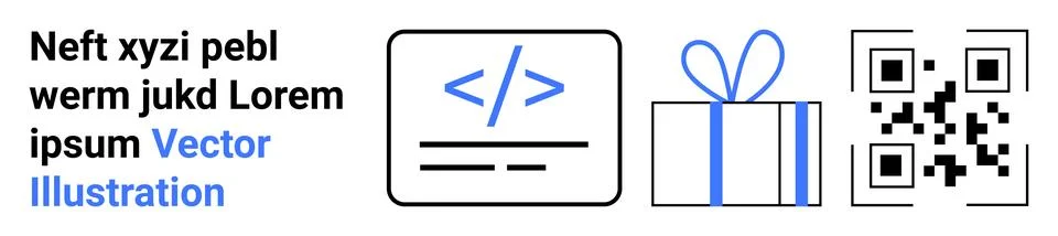 Code Symbol, Gift Box, and QR Code beside Text with Vector Illustration in Bl Stock Illustration