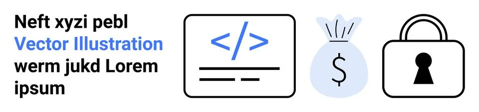 Code symbol, money bag, and padlock next to sample text. Ideal for web develo 스톡 일러스트
