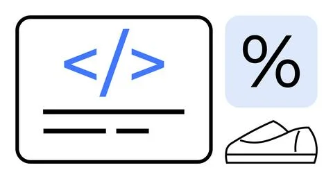 Code symbol in rectangle, percentage sign in blue square, and outline of a sh Illustrazione stock
