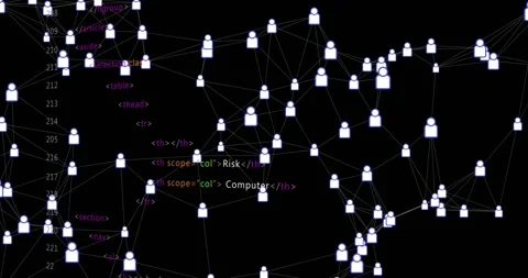 On code tags appearing, nodes clustering, linking across mesh, green node Stock Footage 321550099