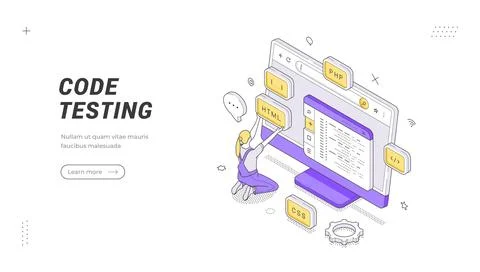 Code Testing banner template. Isometric vector illustration of a developer te Stock Illustration
