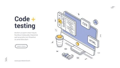 Code testing modern isometric line art web banner for web development 스톡 일러스트