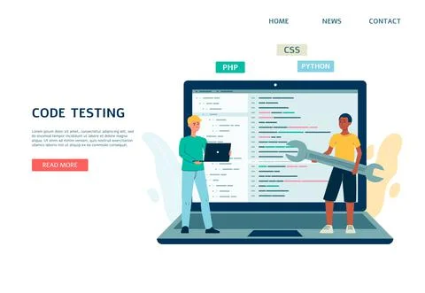 Code testing, programming, debugging application a vector landing page template. Stock Illustration