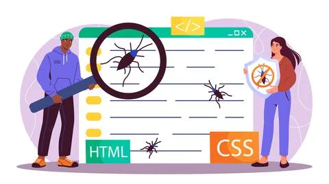 Code testing team. Woman and man with magnifying glass look at insects in text Stock Illustration