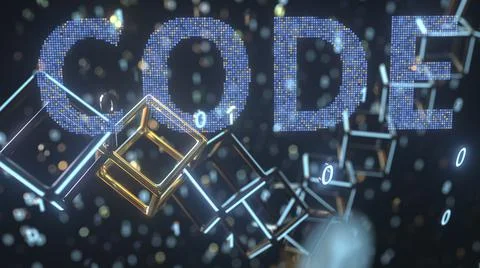 CODE text and chain with binary numbers. Programming concept, 3D rendering Stock Illustration