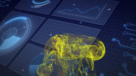Code text appearing in data panel causing yellow particles rising and expanding Stock Footage 314792268