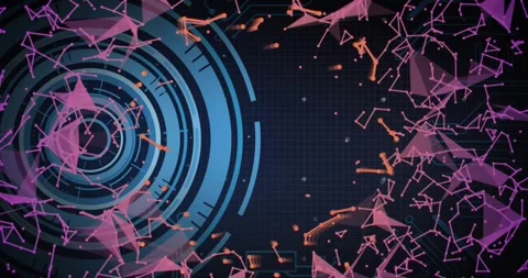 Code text appearing particle network streaming from right toward blue HUD rings Stock Footage 321700892